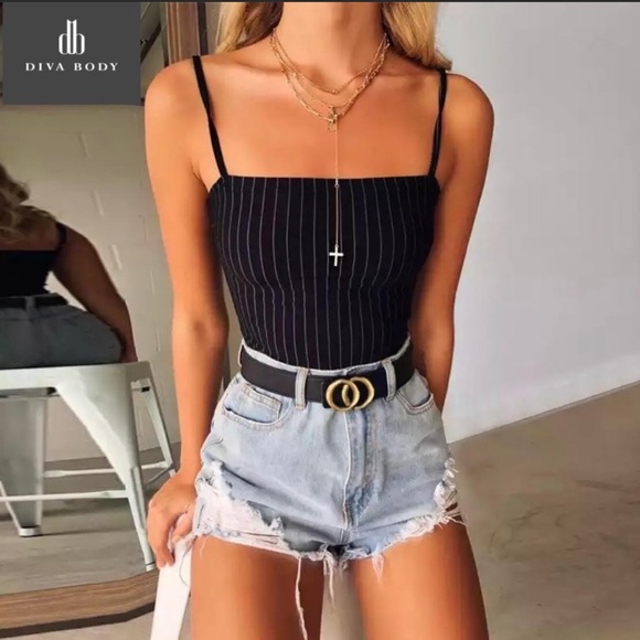 Tops - Black bodysuit with white pinstripes NWT size Medium